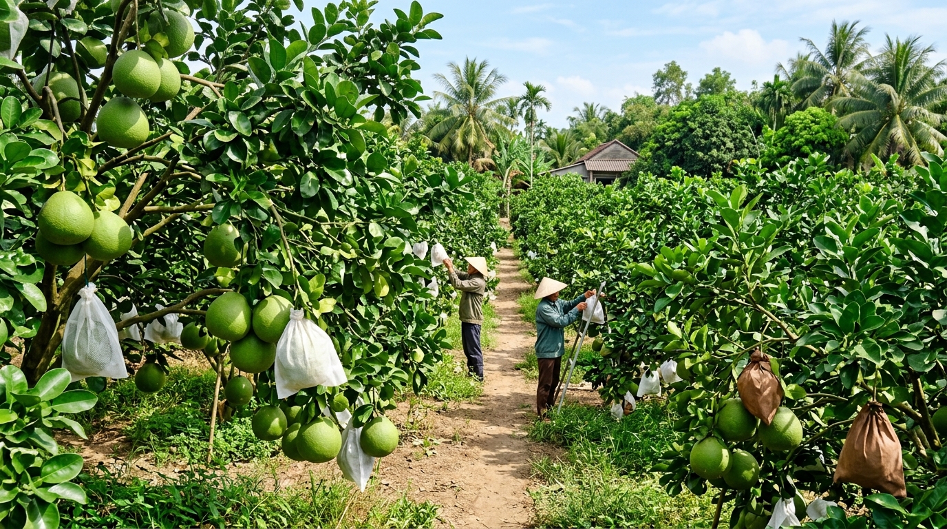 Vườn bưởi da xanh Giồng Trôm, Bến Tre — bao trái và thu hái